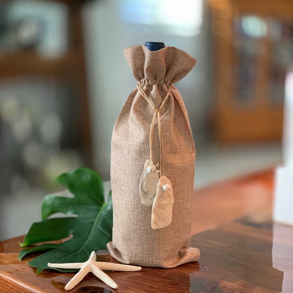 Burlap Wine Gift Bag with Oyster Shells
